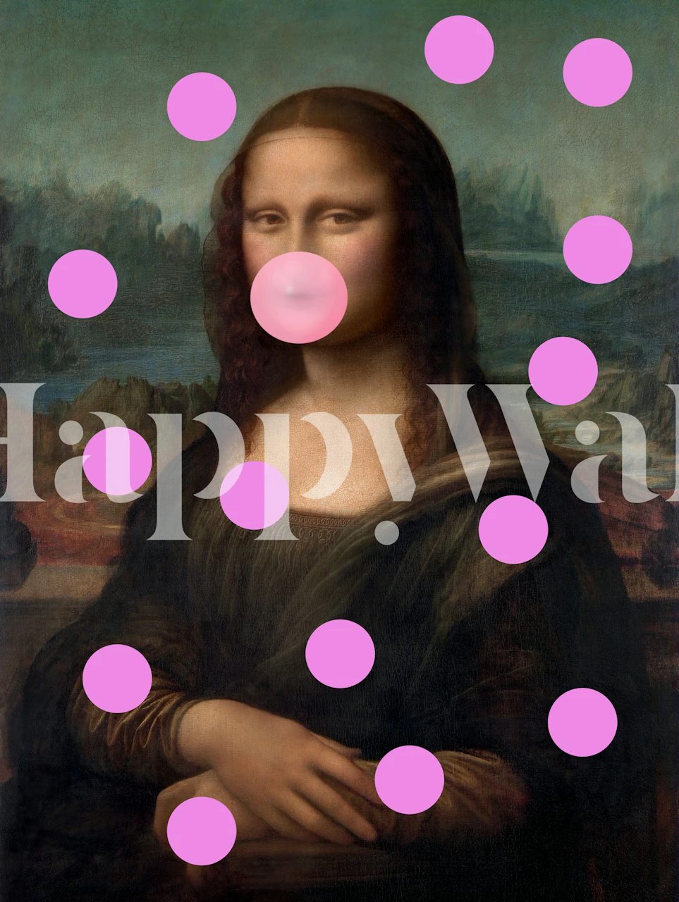 Mona Lisa with pink bubblegum and bubble dots wallpaper