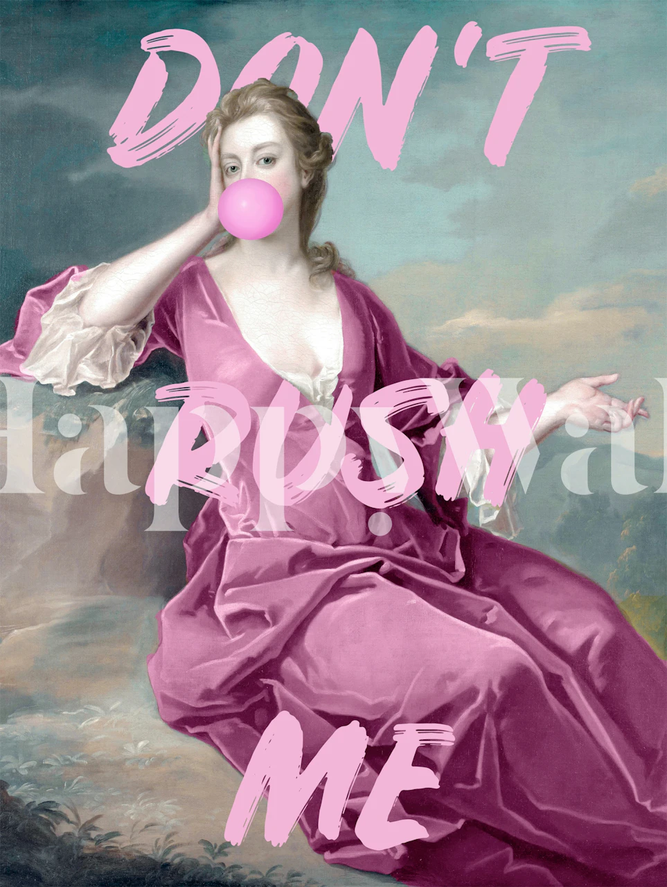 Femme vintage avec bulle de chewing-gum, rose floral wallpaper.