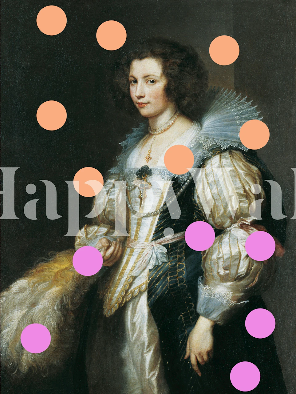 Vintage portrait with colorful polka dots in pink, orange, and purple on a dark background wallpaper