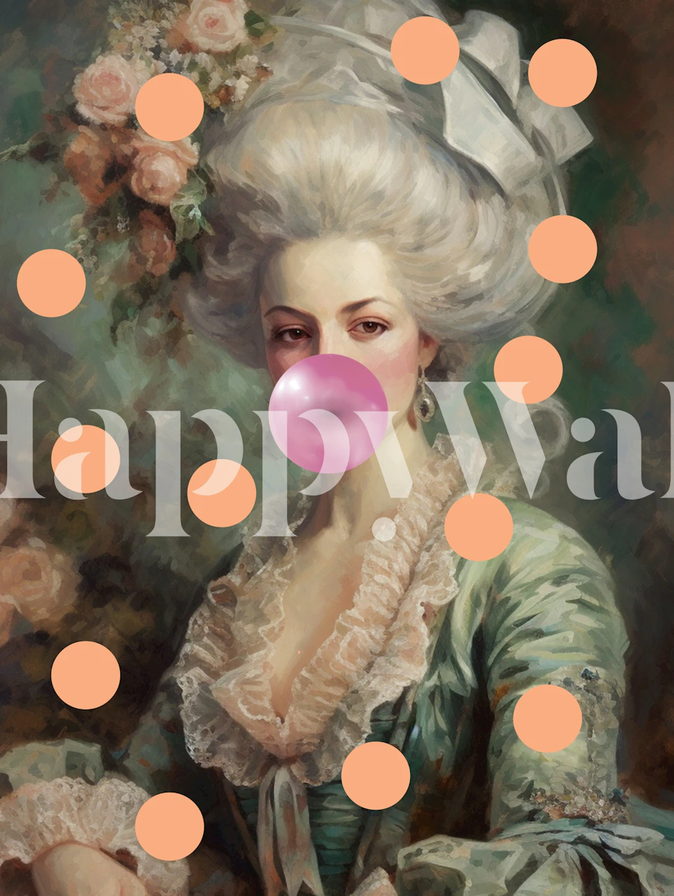 Vintage portrait with bubblegum, pink dots, floral wallpaper