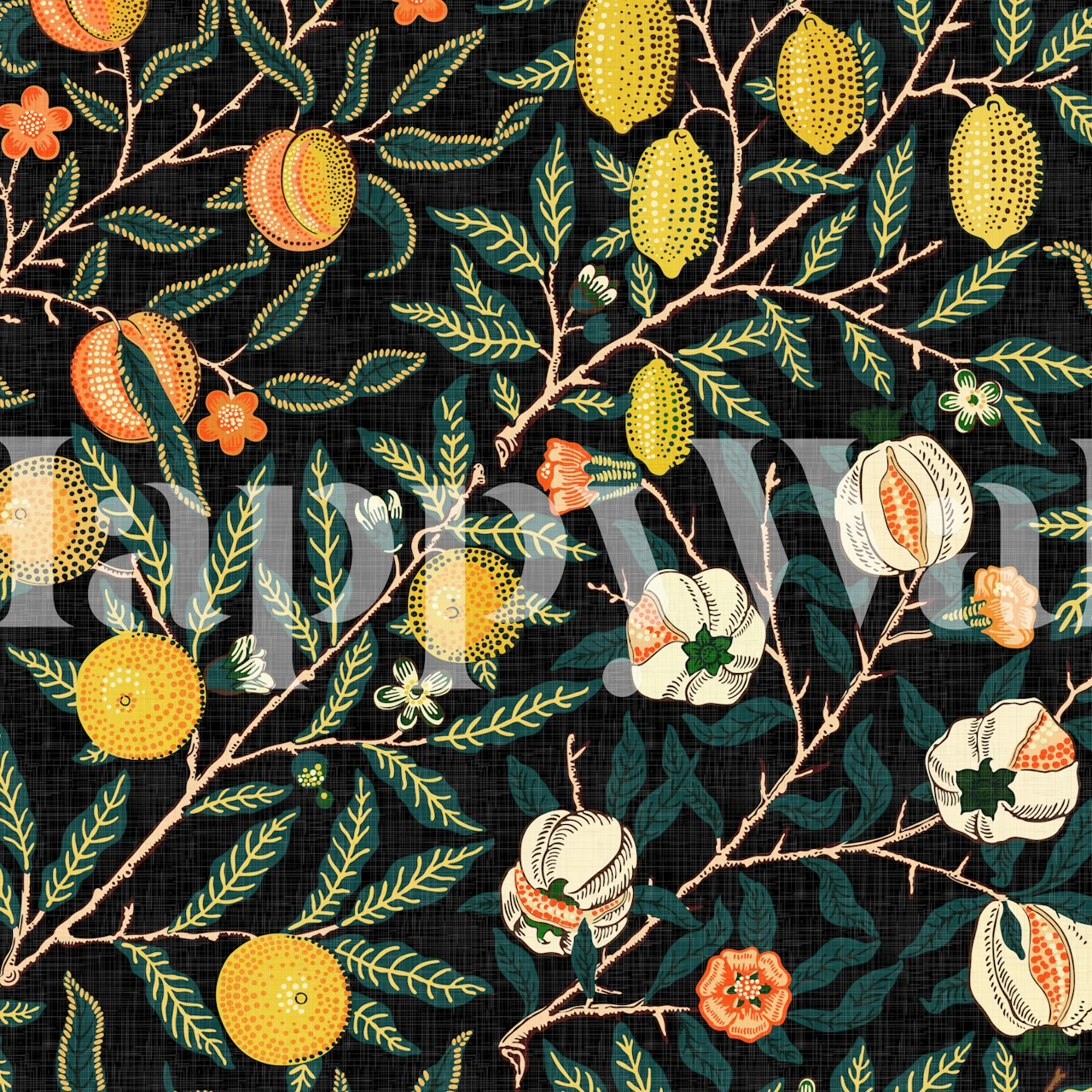 Vibrant floral pattern with pomegranates and blossoms on black wallpaper