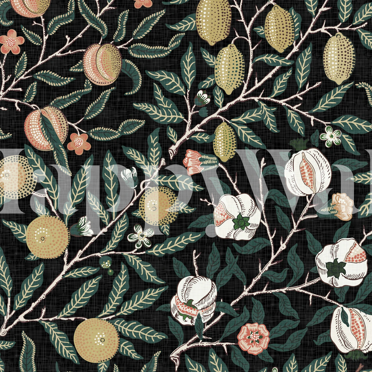 Pomegranate and floral motifs in muted colors on a dark background wallpaper