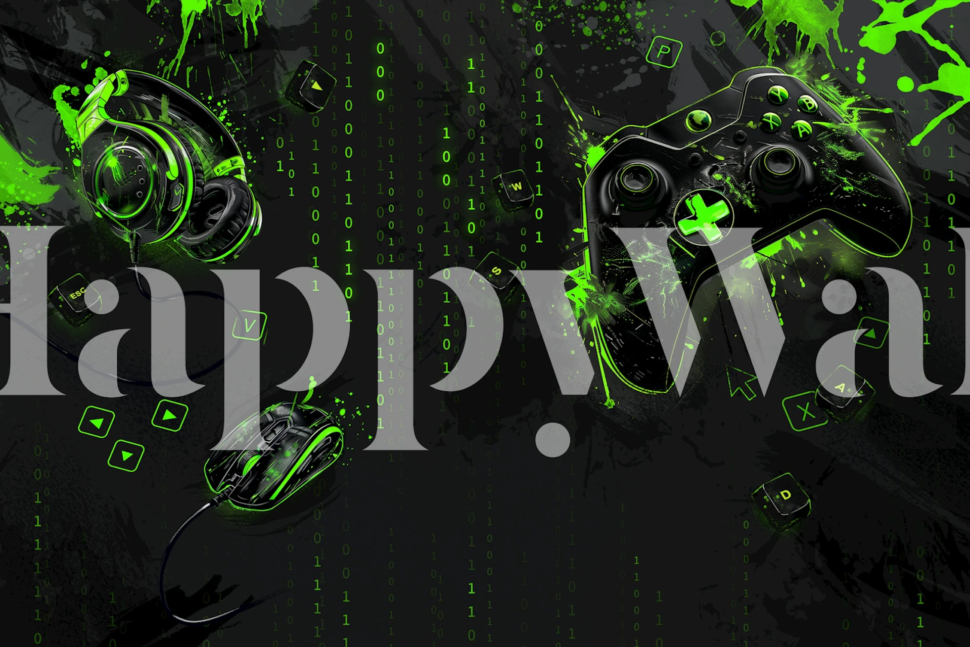 Gaming accessories and neon green splashes on black background wallpaper