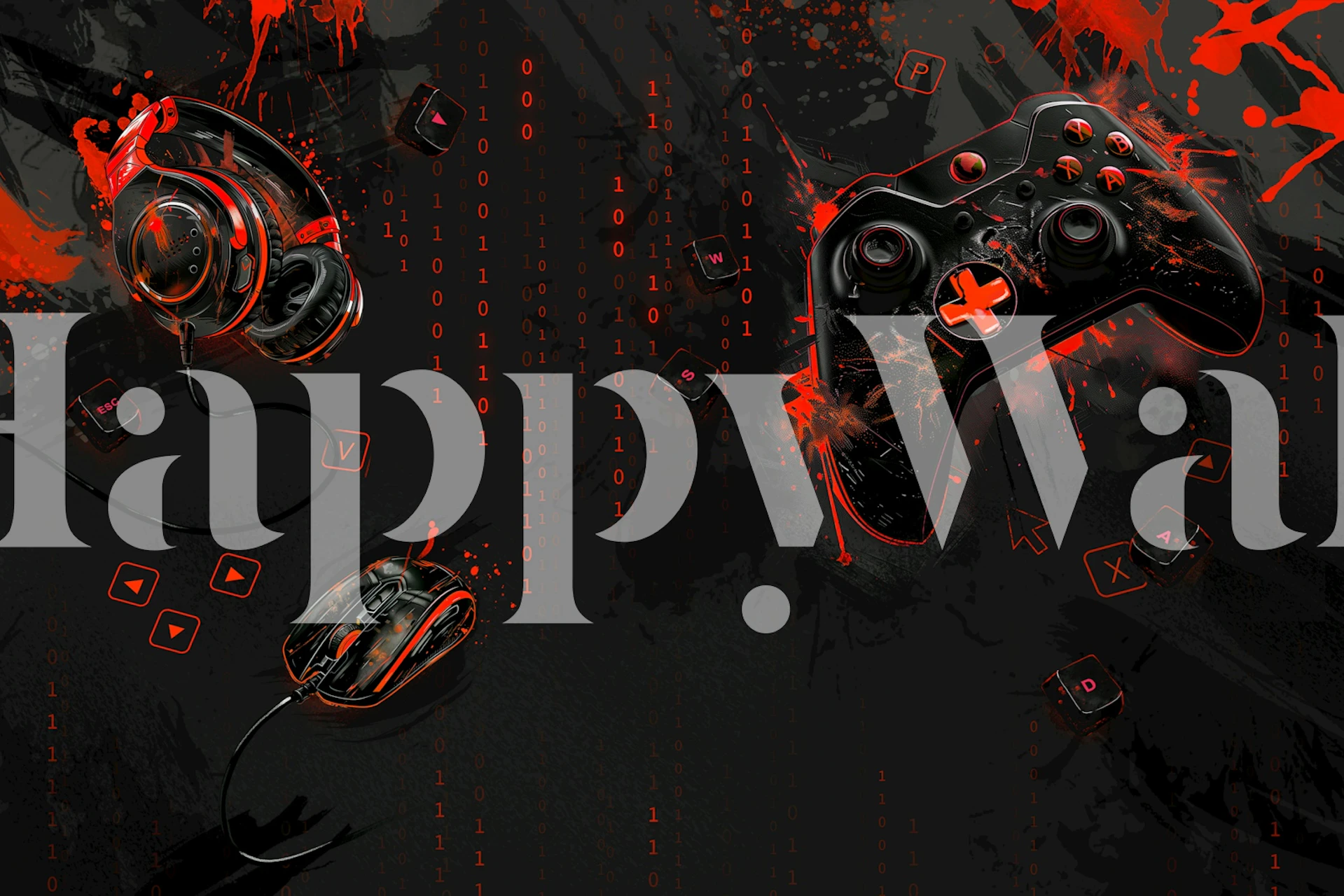 Gaming equipment including a headset, controller and mouse in red and black colors on a wall mural