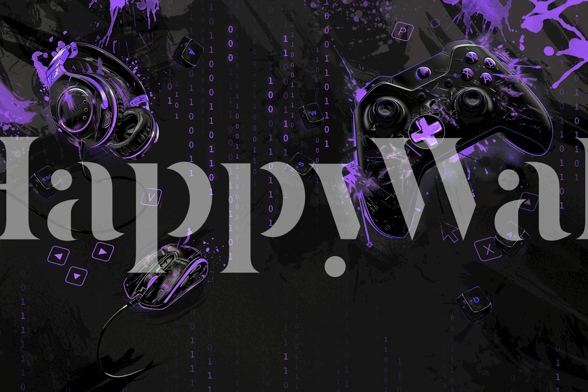 Gaming gear including a controller, mouse, and headset on a violet and black background wallpaper