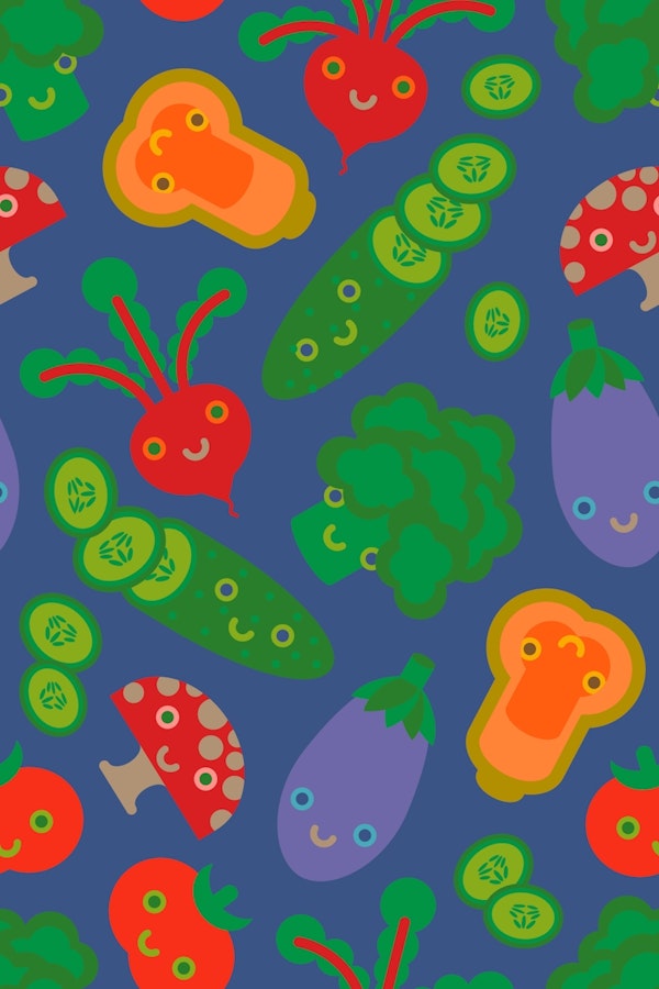 Vegetable Sweeties Cute Smiling Faces Dk Blue