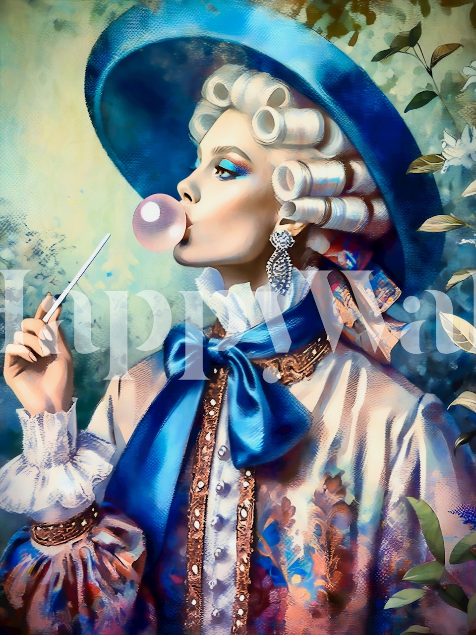 Elegant woman blowing bubblegum wearing a blue hat and floral coat wallpaper