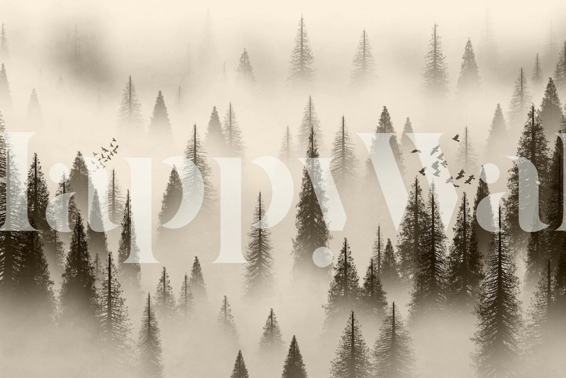 Lush evergreen forest silhouette with mist, sepia tones wallpaper