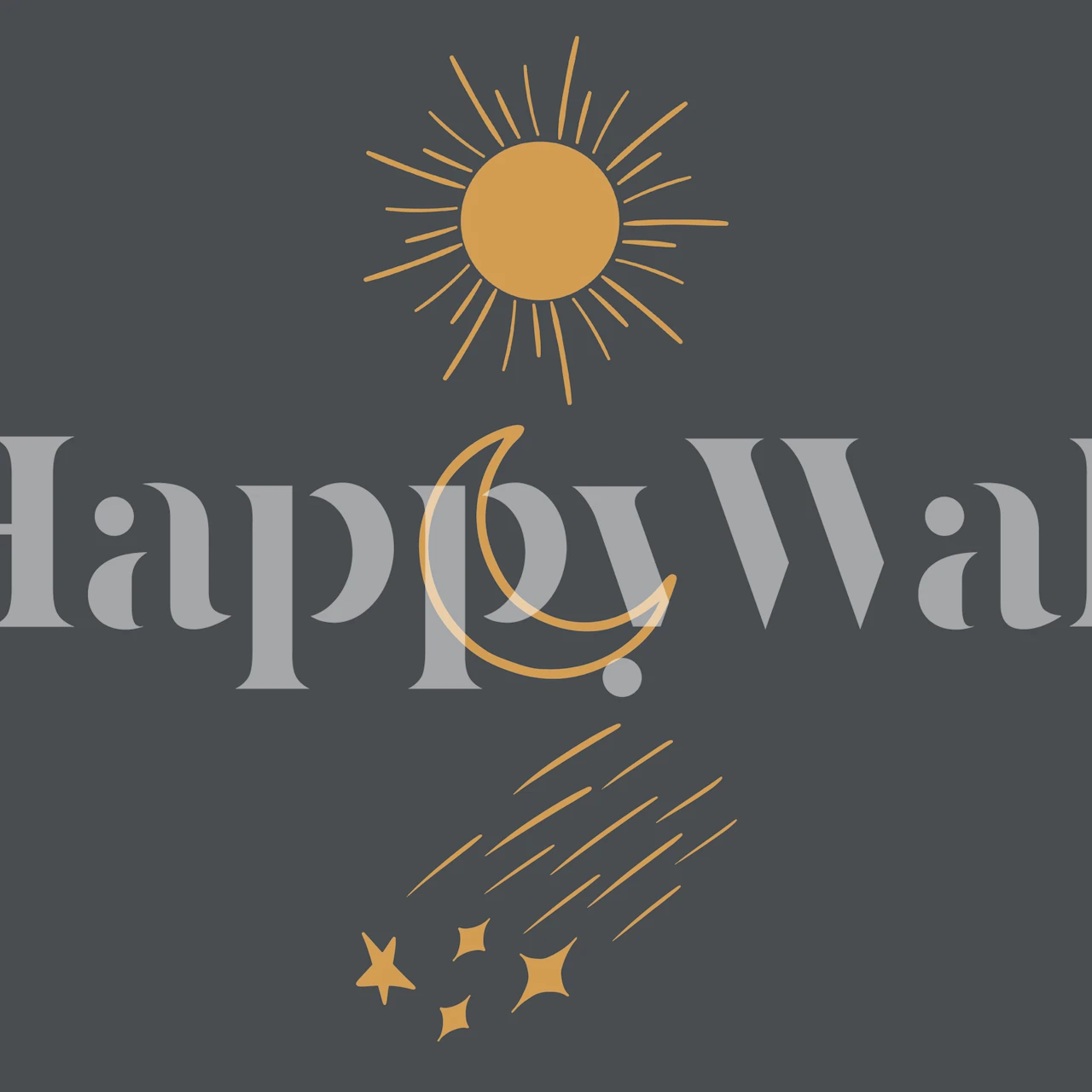 Sun, moon, and stars wall mural in golden hues on a dark background