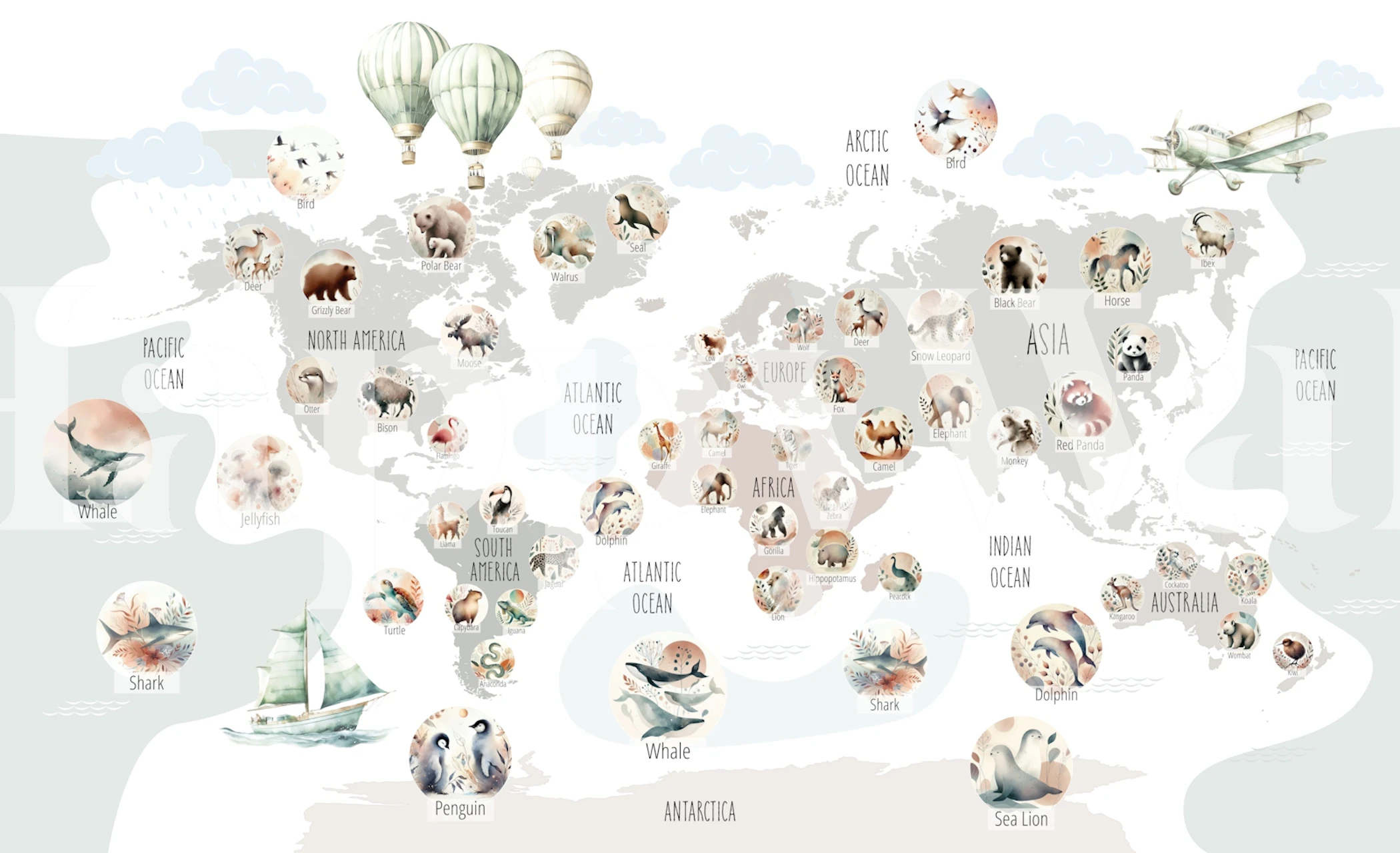 World map with various animal illustrations in pastel colors; wall mural.