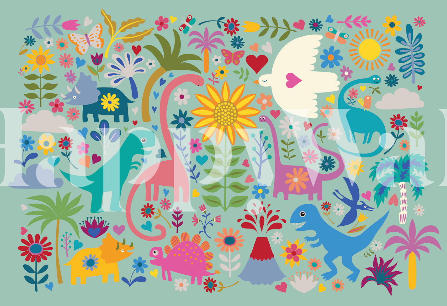 Dinosaur themed wallpaper mural in a room