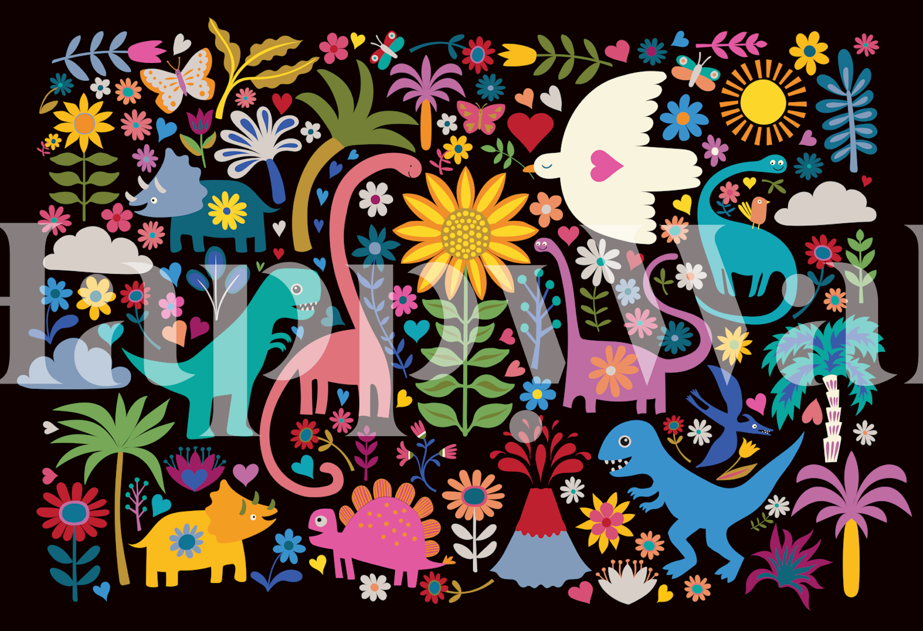 Colorful dinosaurs and flowers on black background wallpaper