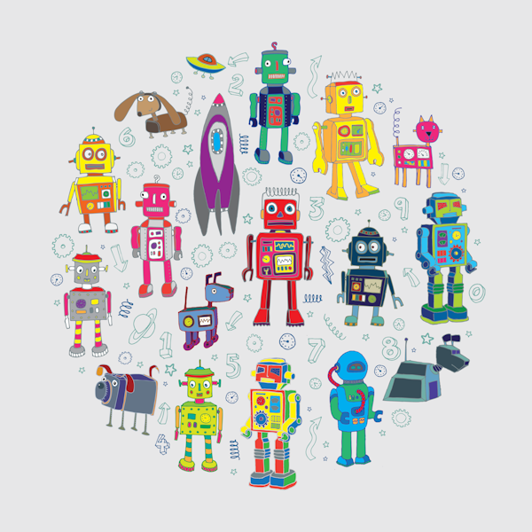 Robots in Space - circular Mural on grey