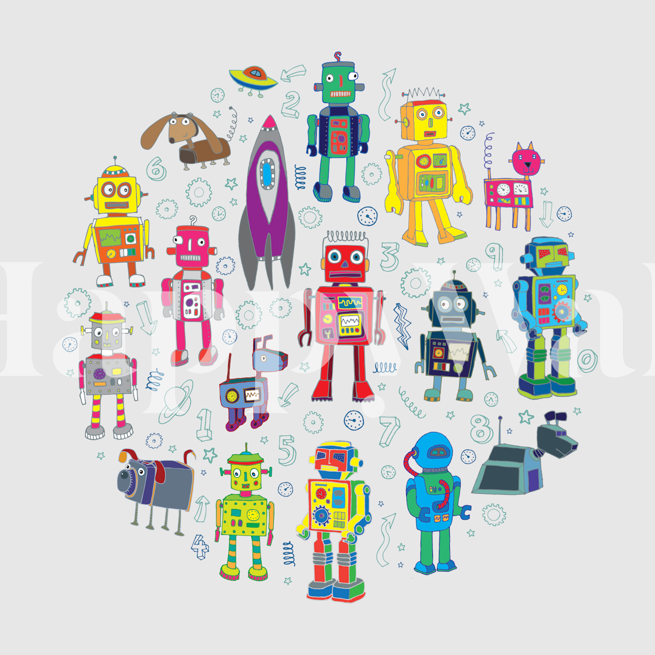 Colorful robot characters and spaceship on grey background wallpaper