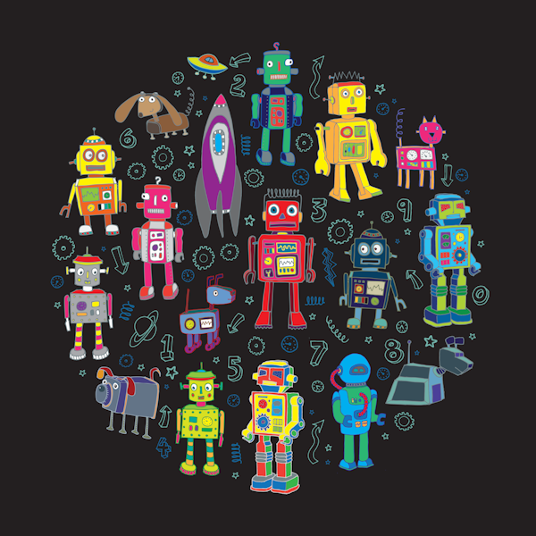 Robots in Space - circular mural on black