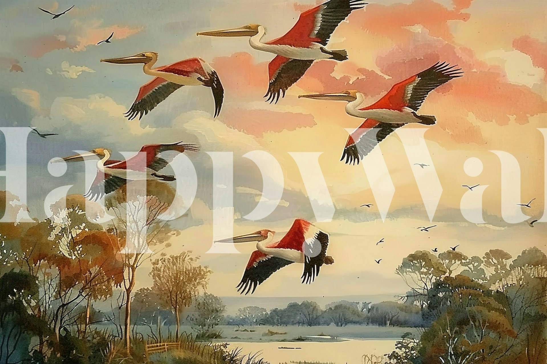 Migratory pelicans flying over a tranquil landscape, soft pastel colors, scenic wallpaper