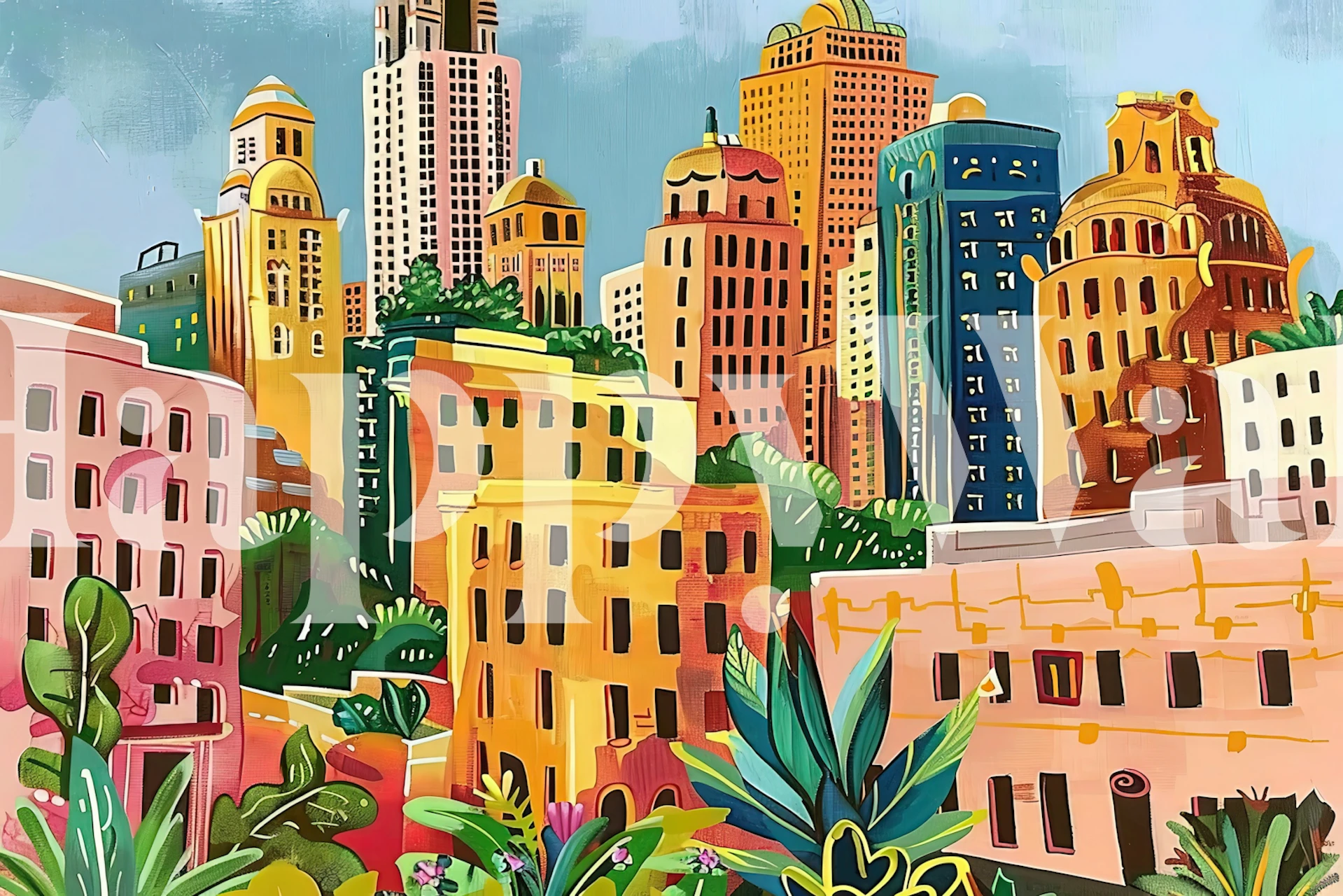 Colorful city skyline with tropical plants wallpaper