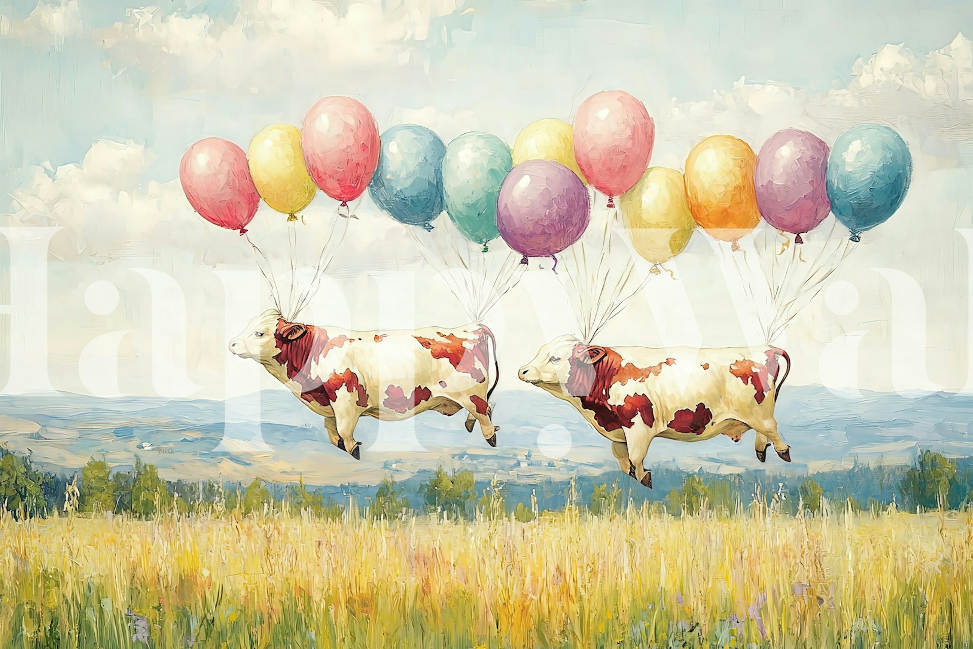 Flying cows wallpaper in a bright setting
