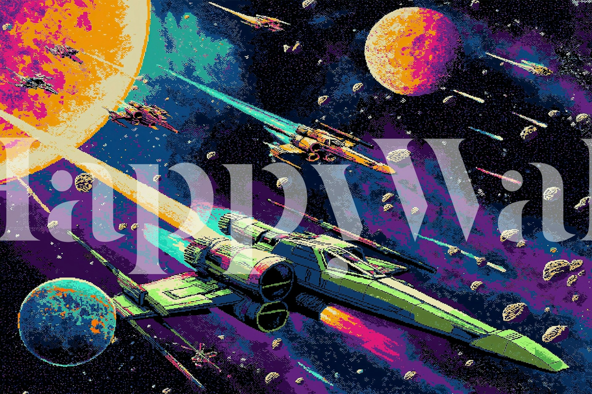 Ruimte thema met raketten, planeten en sterren op kleurrijke achtergrond wallpaper