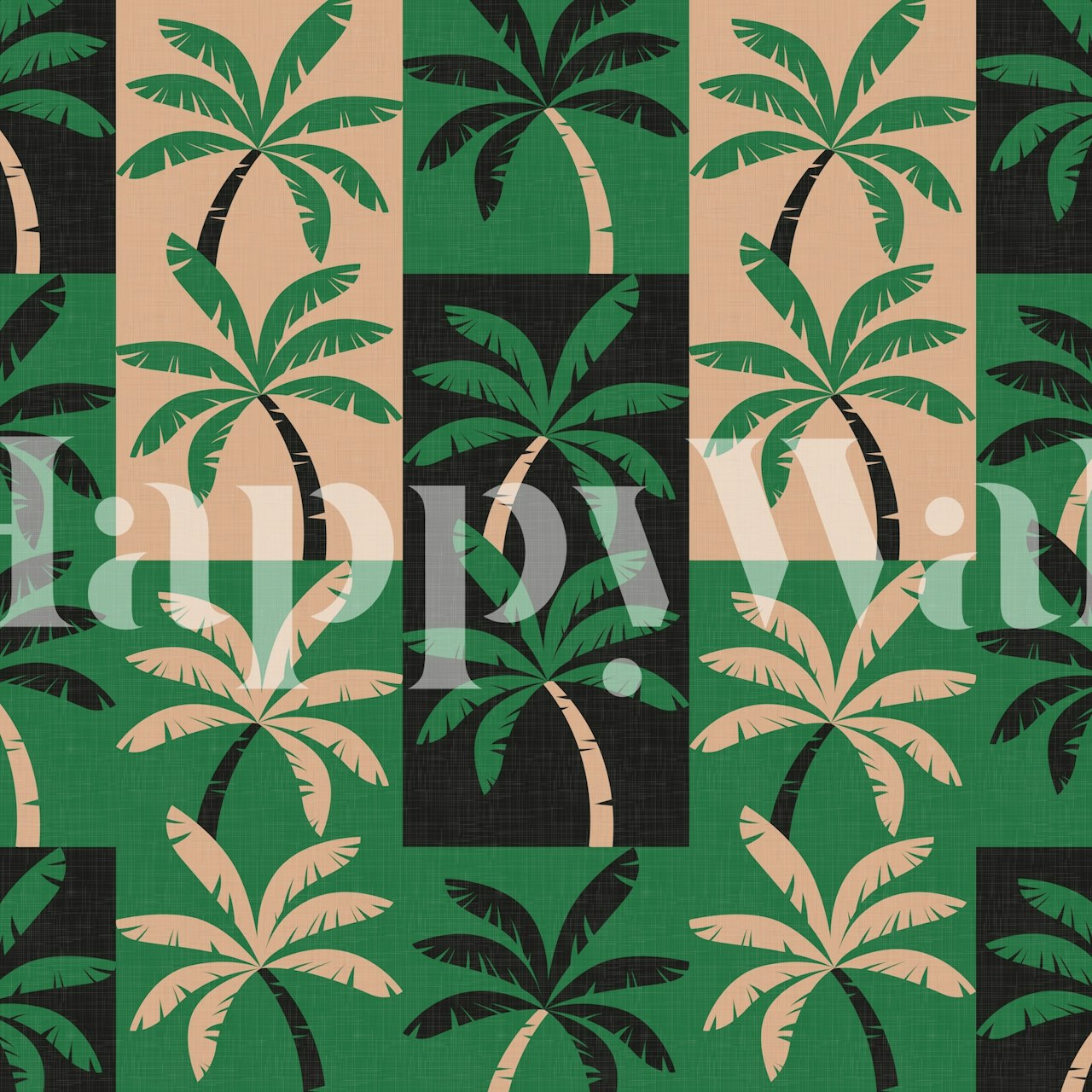 Tropical palm leaves in green and beige on a black background wallpaper