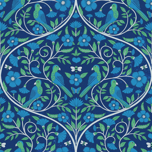 Parrot and Bee - block print ogees blue