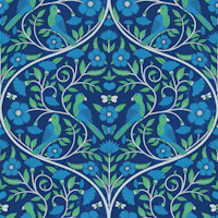 Parrots and bees - block print ogees, blue tapete