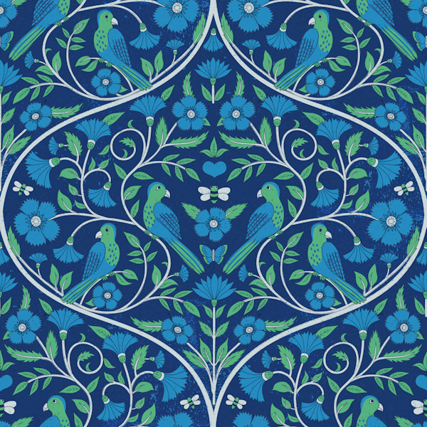 Parrots and bees - block print ogees, blue