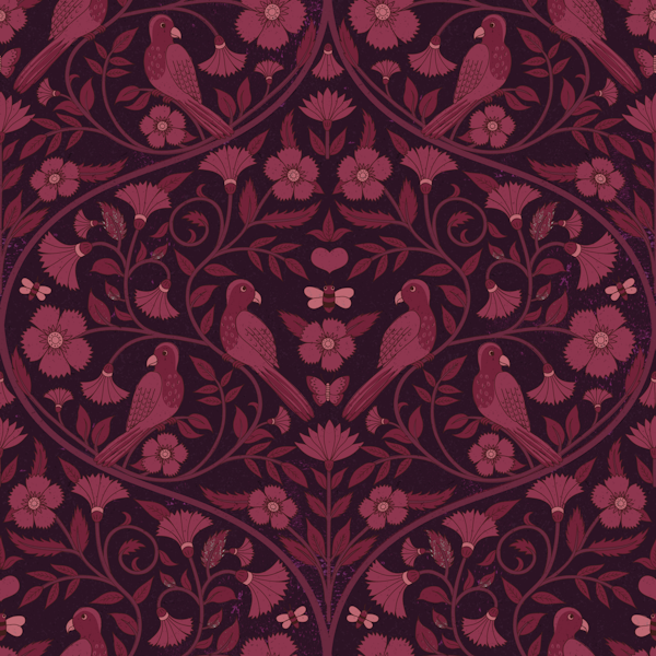 Parrots and Bees - maroon blockprint ogees