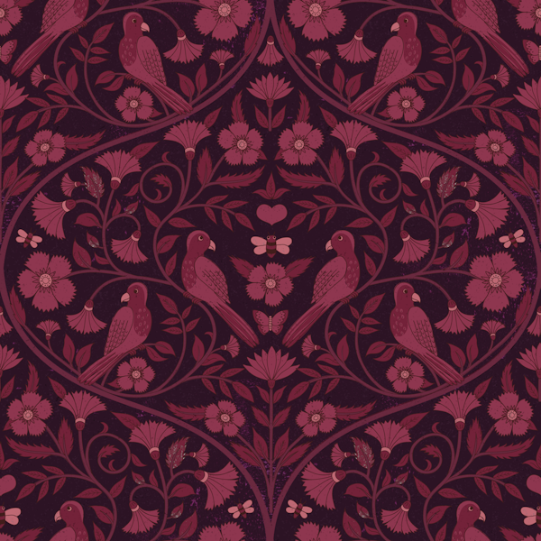 Parrot and Bee - maroon blockprint ogees