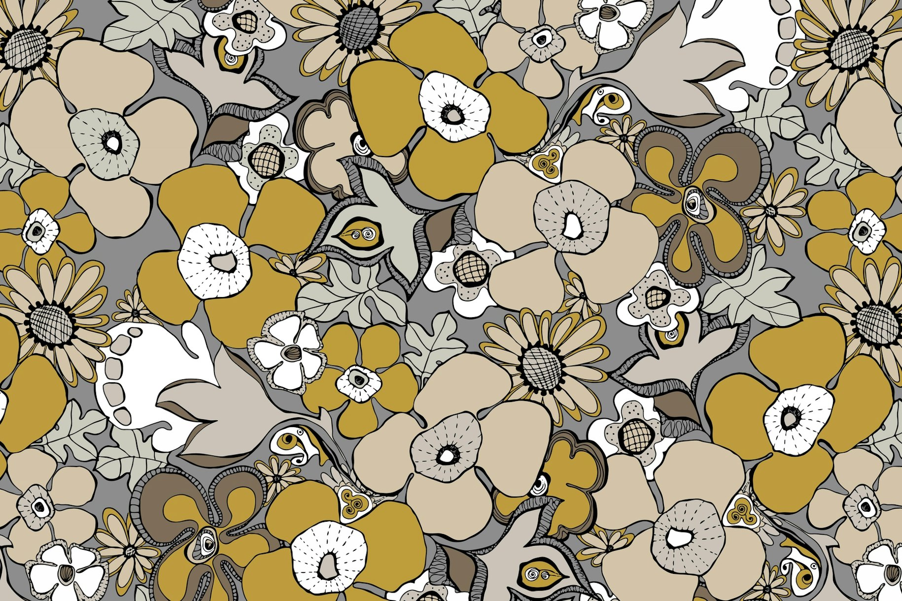 Floral Doodles grey mustard wallpaper Happywall