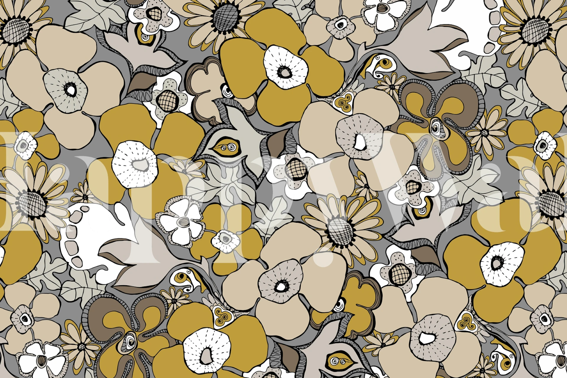 Floral Doodles grey mustard tapet i et rom