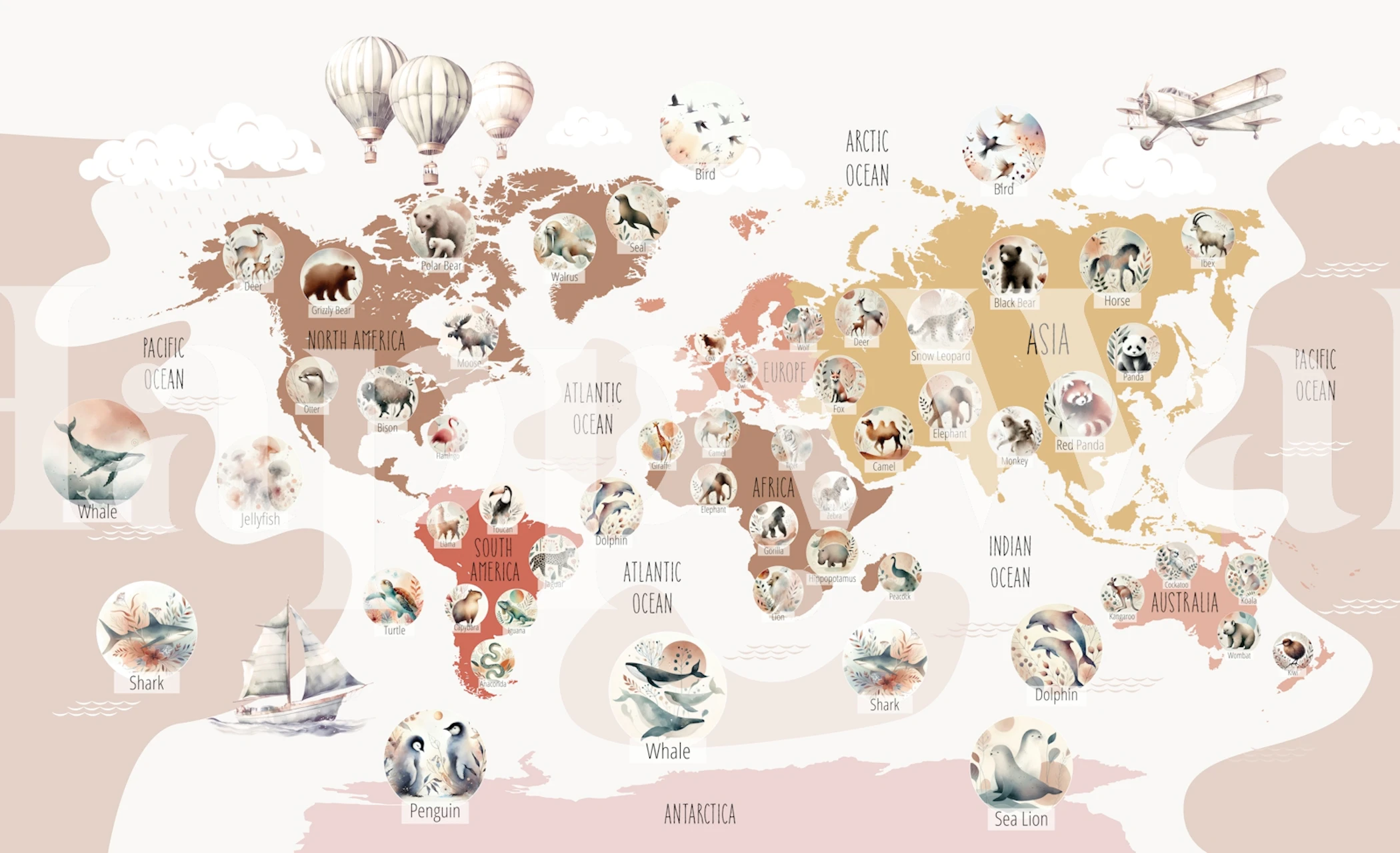 Boho Wildlife World Map wallpaper in a room