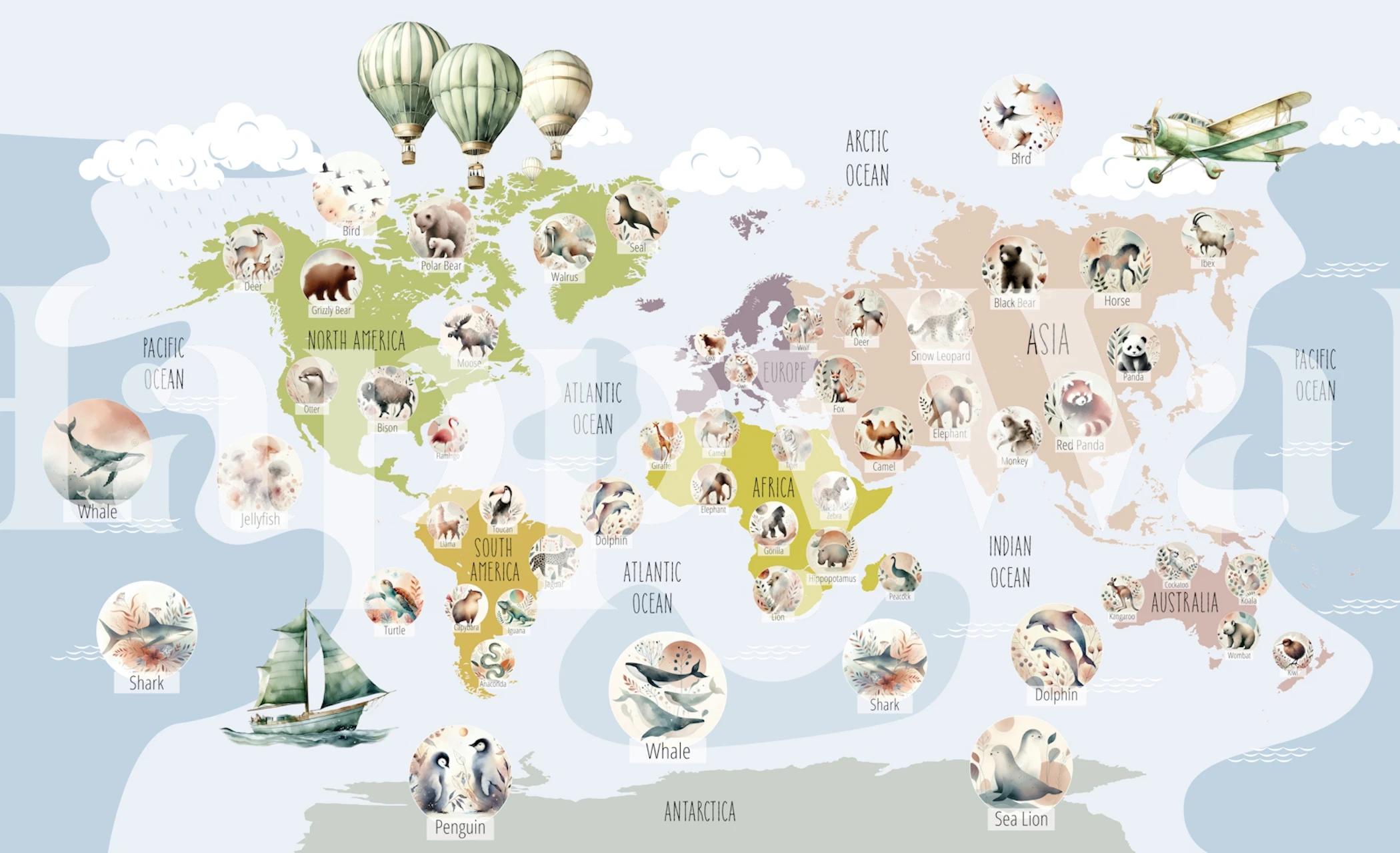 Whimsical world animal map with colorful animals and landscapes wallpaper