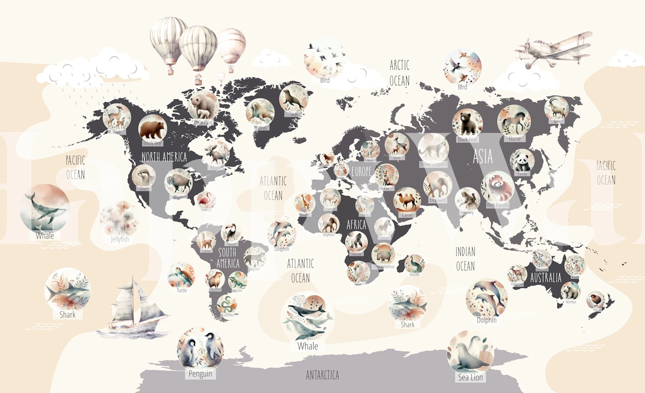 Chic Wildlife World Map wallpaper in a room