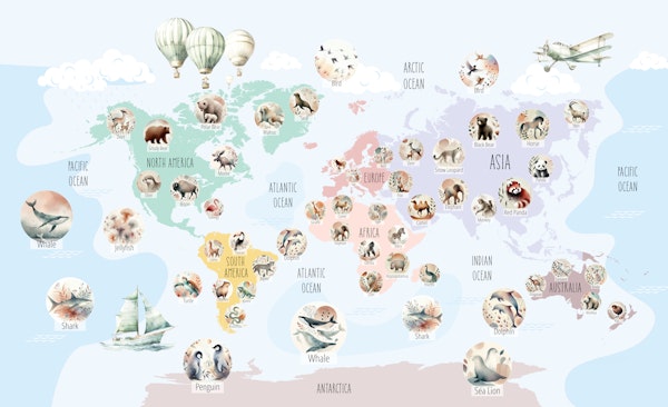 Pastel Wildlife World Map