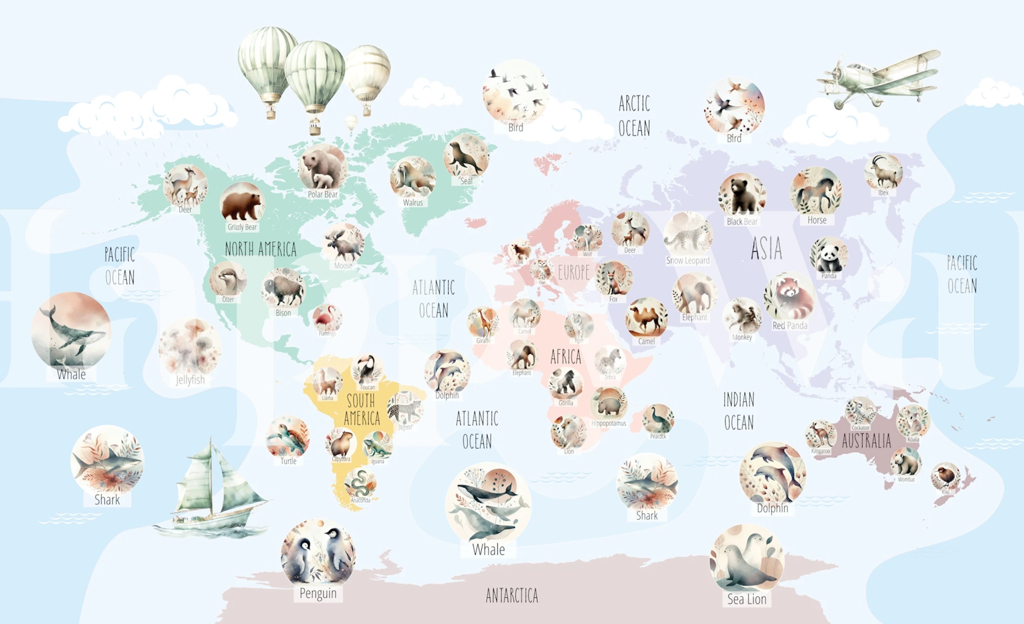 Pastel Wildlife World Map wallpaper in een kamer