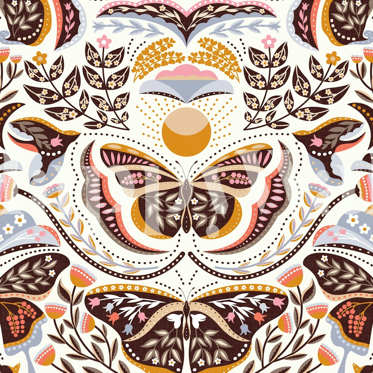 Diseño de papel tapiz Bohemian Butterflies Flowers Cats