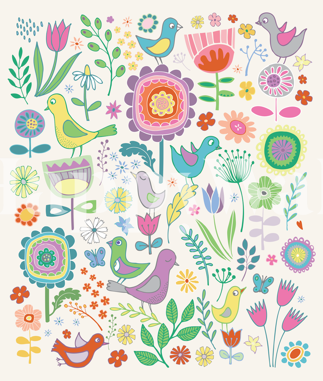 Colorful birds and flowers on cream background wallpaper
