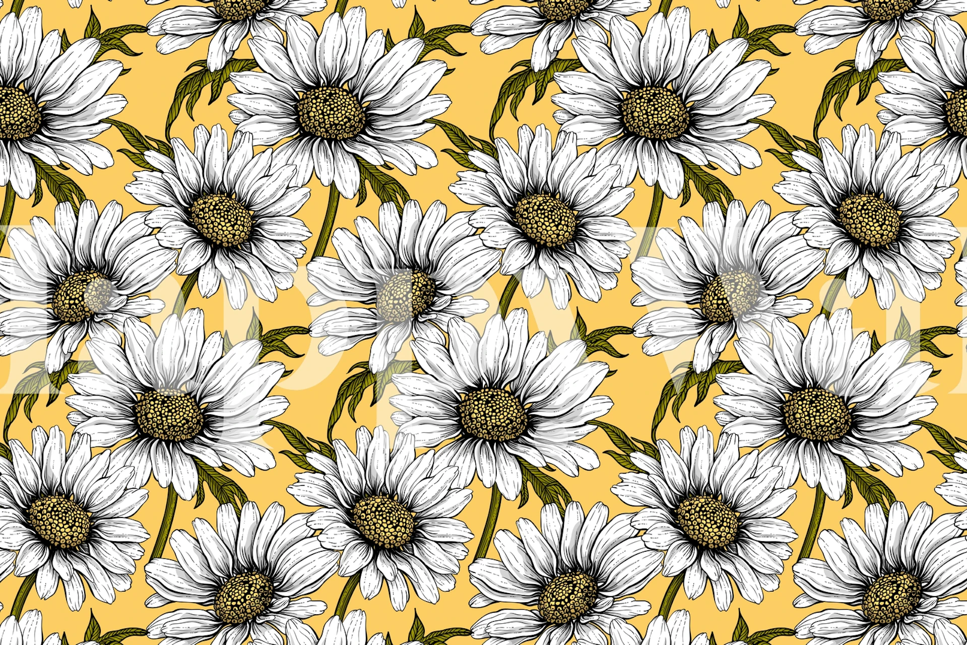 Fotomural vinílico de margaridas em amarelo com flores brancas em um fundo amarelo brilhante