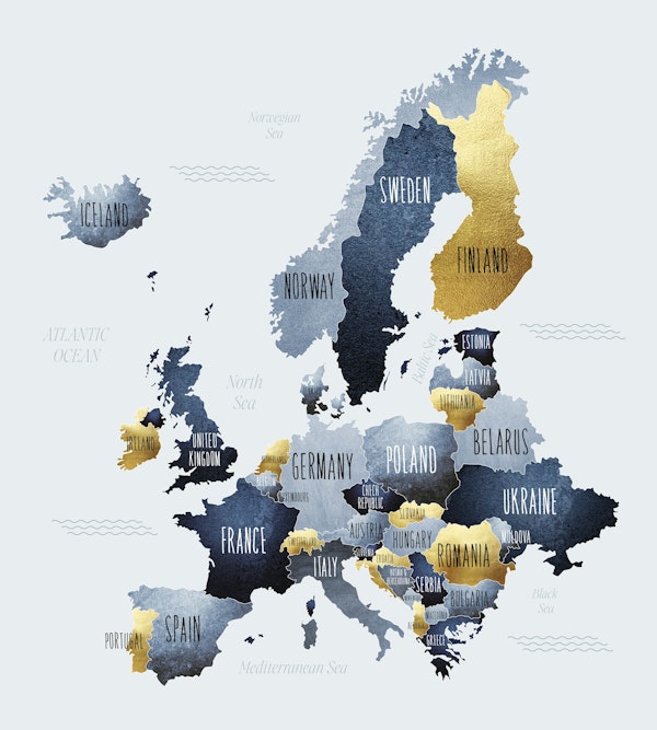 Europe Map in Blue and Gold