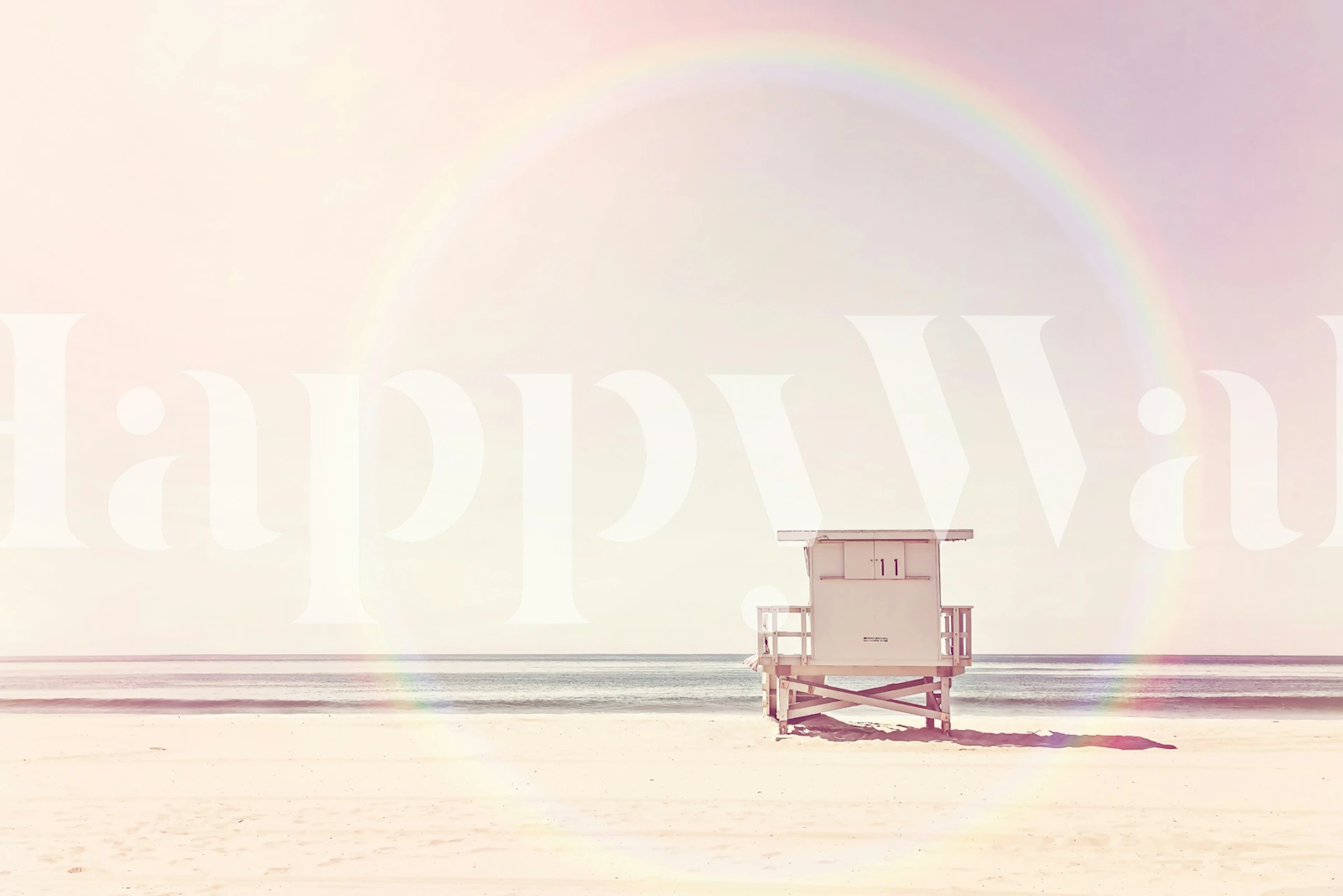 Beach hut on sandy beach with pastel colors and ocean background wallpaper