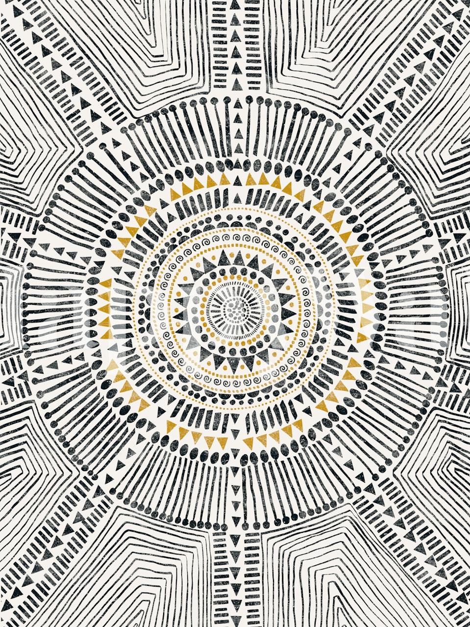 Black and white tribal pattern with gold accents wallpaper