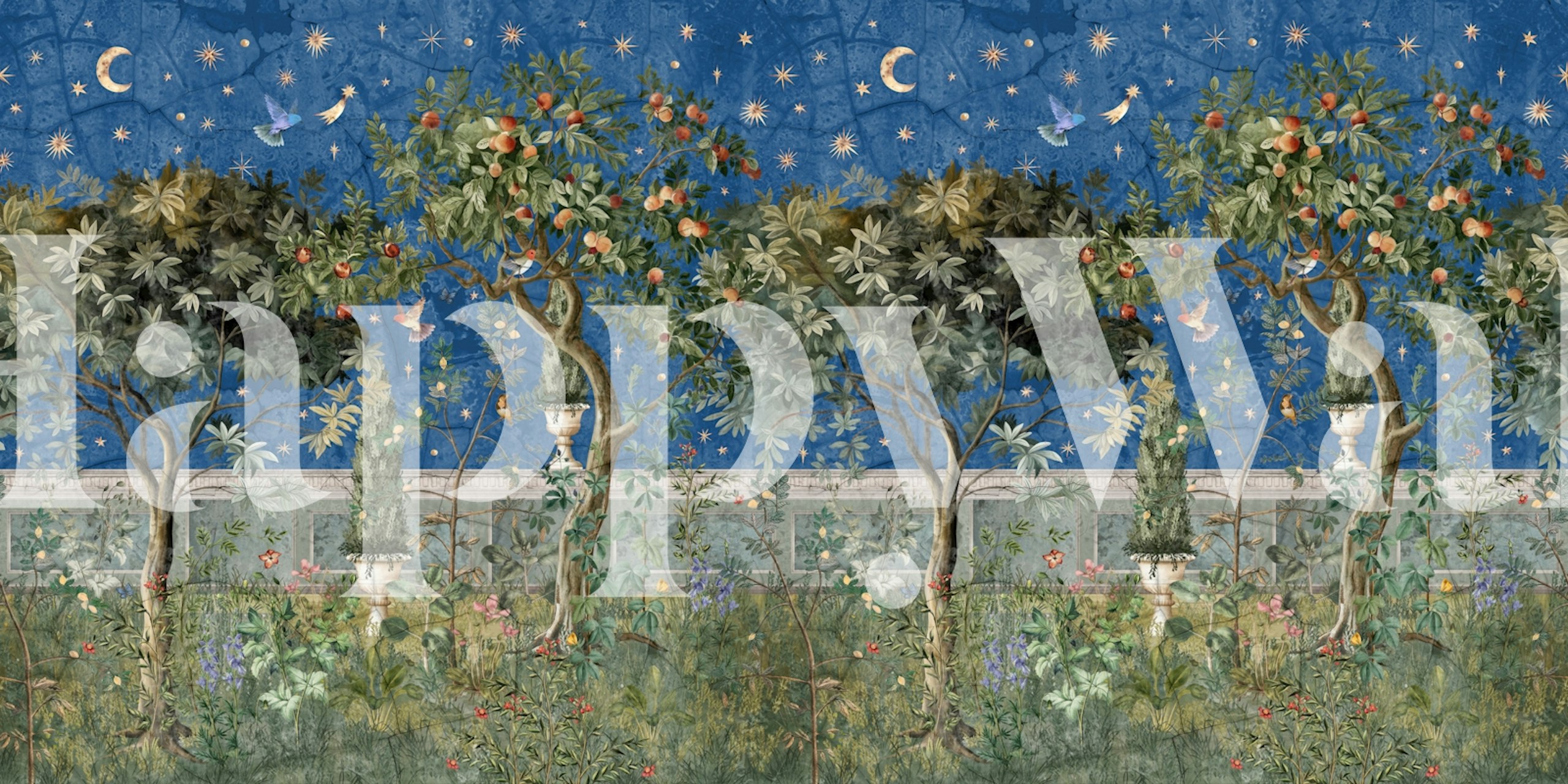 Starry Orchard Dreams Midnight papel de parede em um quarto