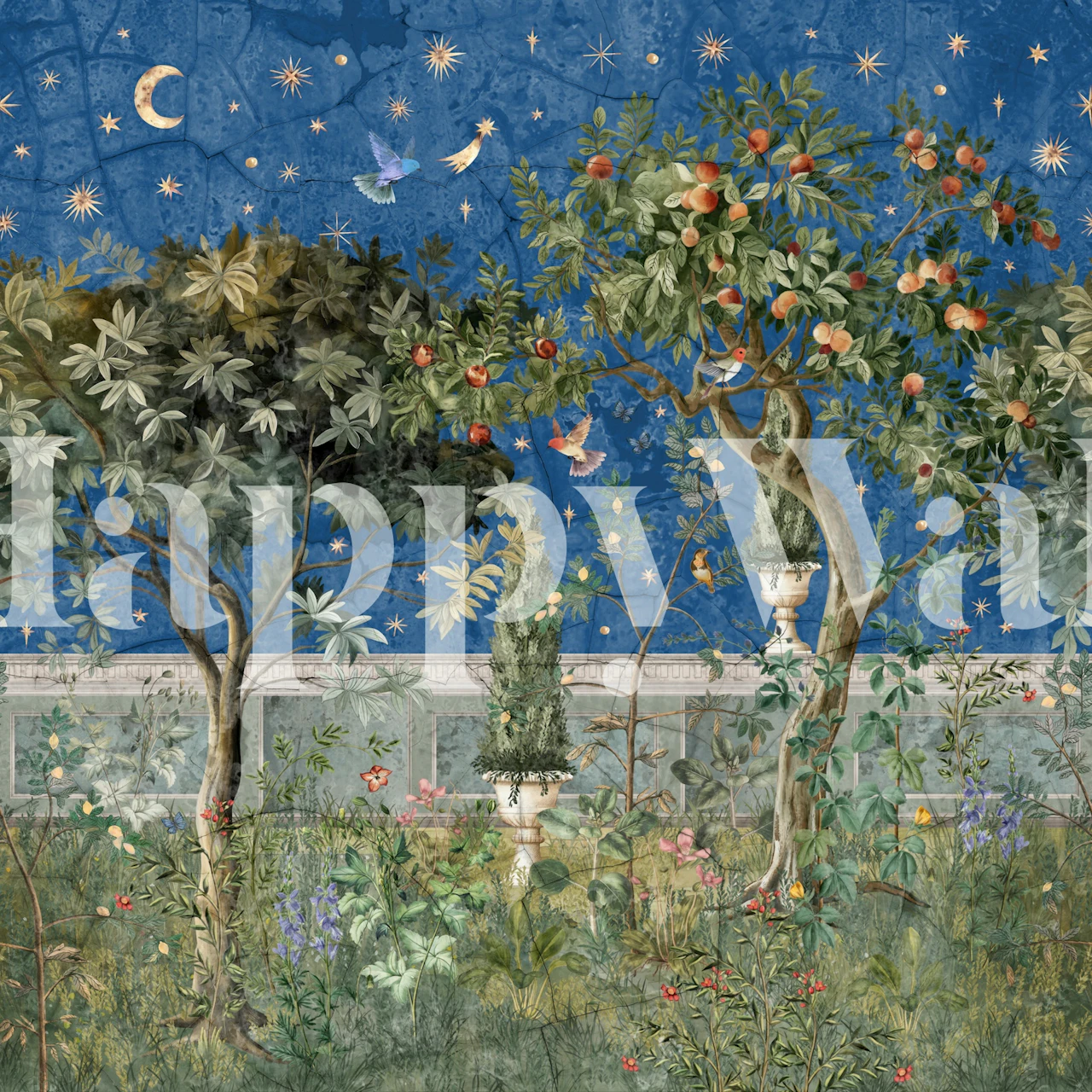 Starry night wallpaper featuring lush trees, fruit, and flowers in blue and green tones.