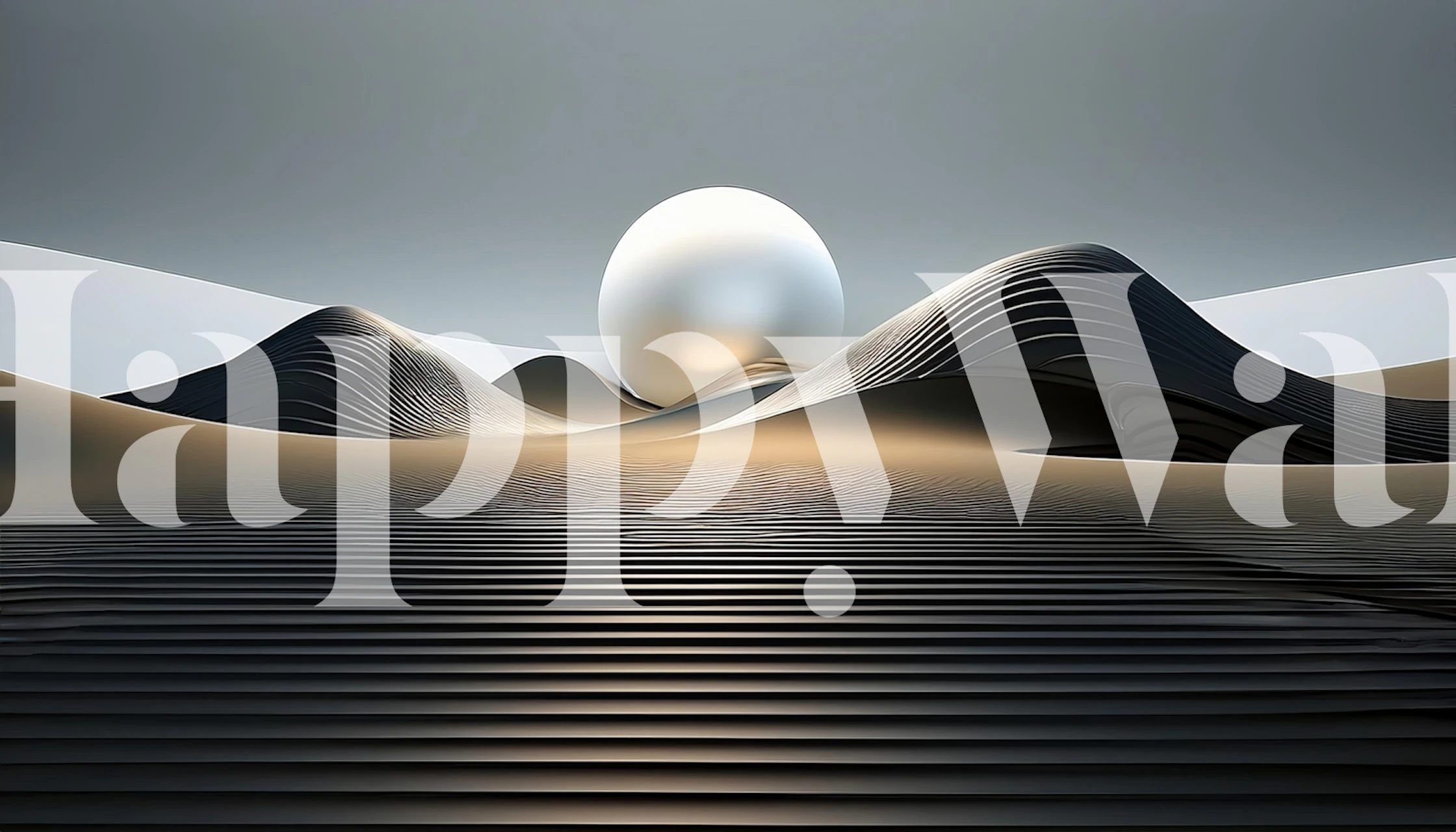 Abstract landscape with waves and a sphere in black and white wallpaper