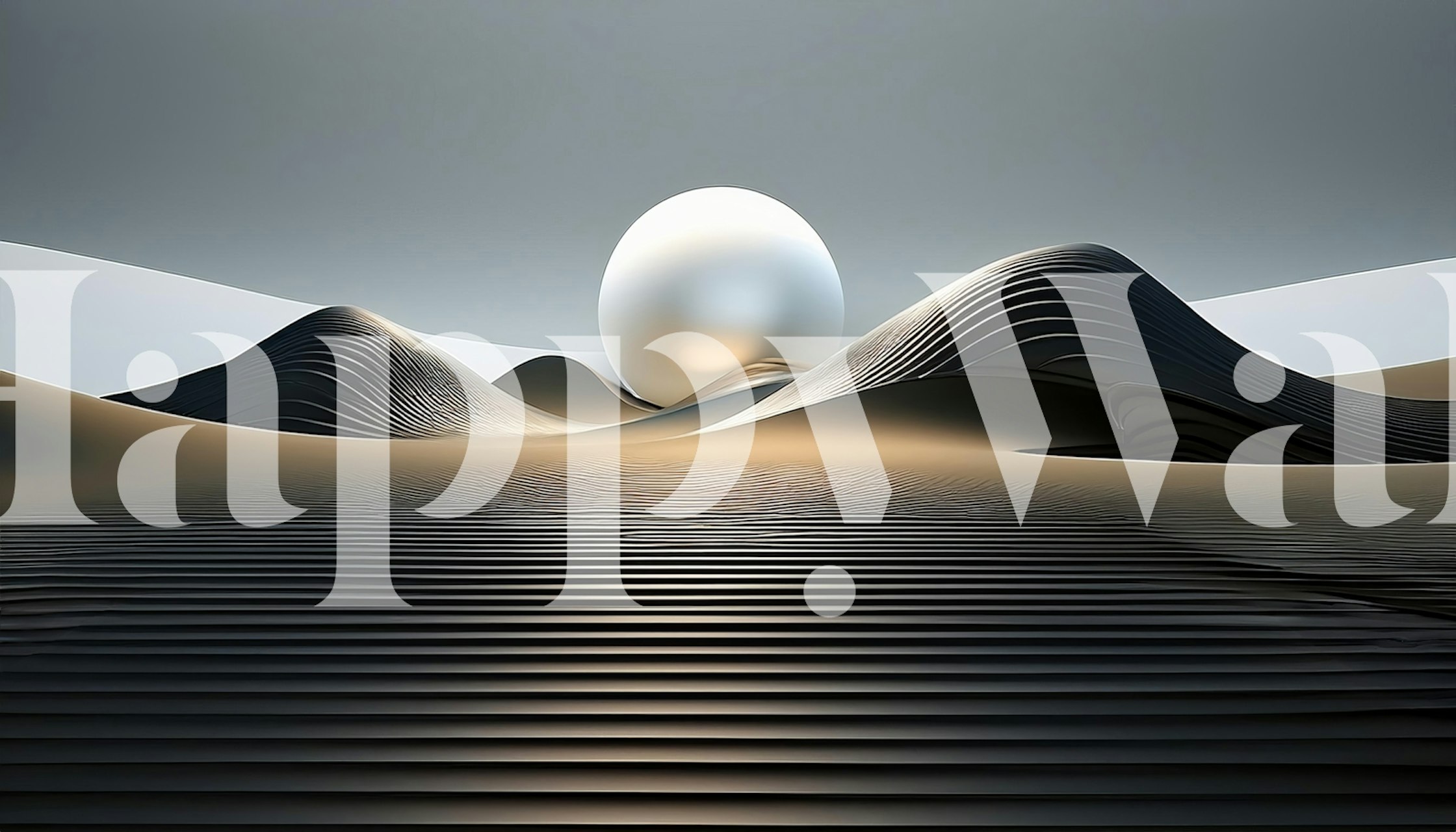 Abstract landscape with waves and a sphere in black and white wallpaper