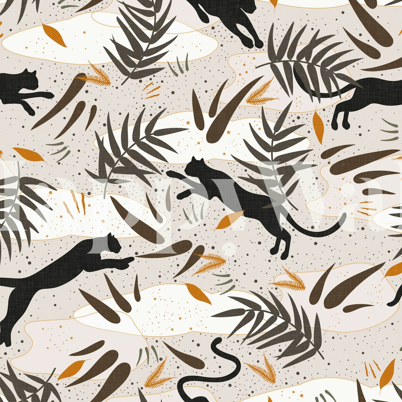 Black cat silhouettes among tropical plants and leaves wallpaper