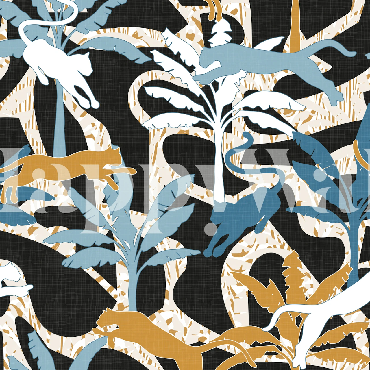 Tropical animal print wallpaper featuring leaping cats and palm leaves in blue, white, and gold on a black background.