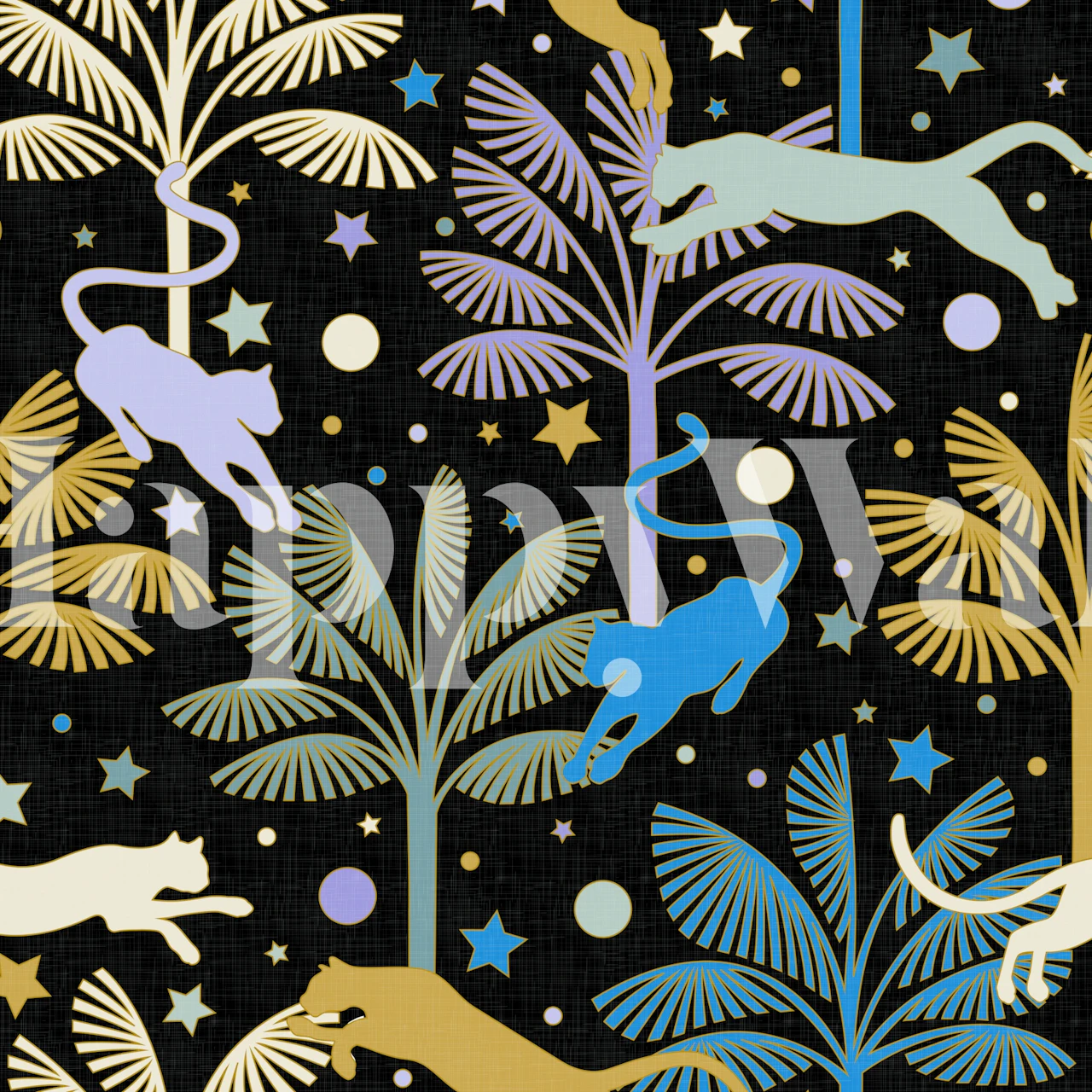 Leopards and palm trees in pastel colors on black wallpaper