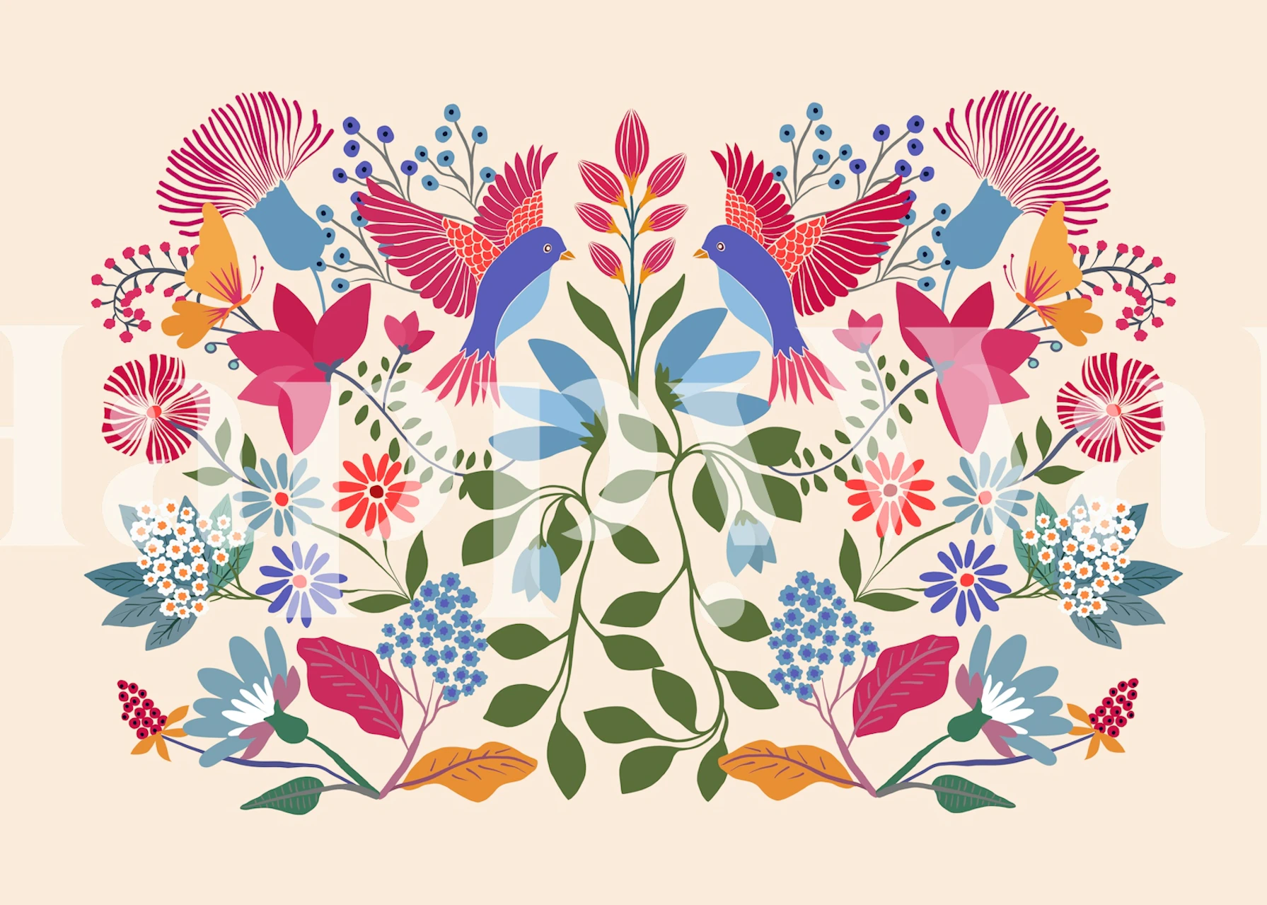 Floral design with colorful birds and blooms on beige background wallpaper